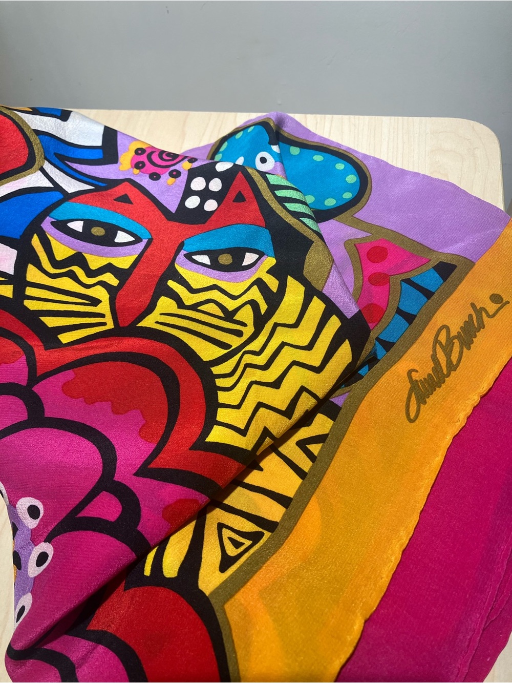 Laurel Burch 100% silk vintage Multicolor Cat & Floral Art Scarf